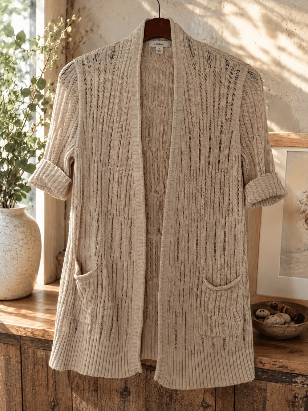 Caslon 100% Cotton Open Knit Cardigan Sweater Beige Petite M